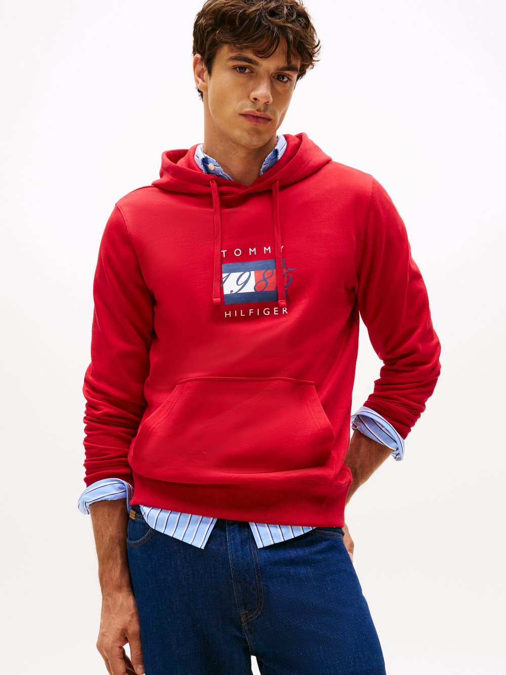 Tommy Hilfiger Męski sweter z kapturem Mężczyźni Materiał dresowy czerwony, M