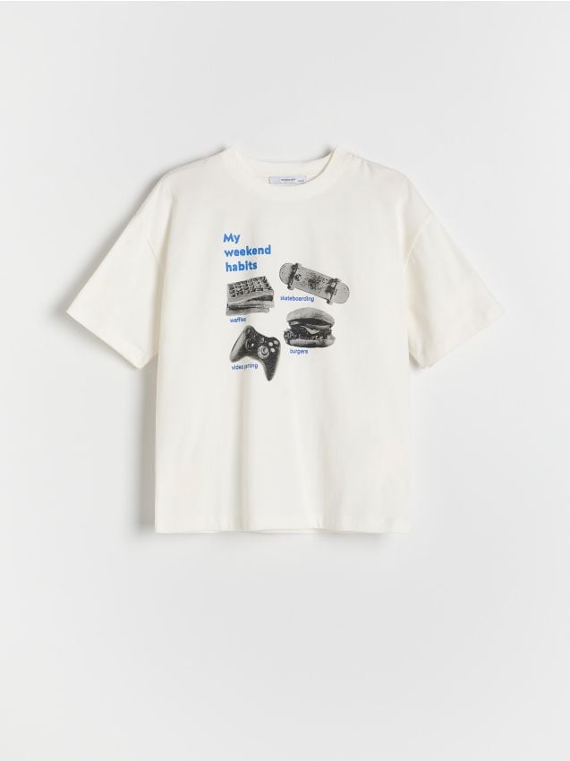 Reserved - Bawełniany t-shirt z nadrukiem - złamana biel