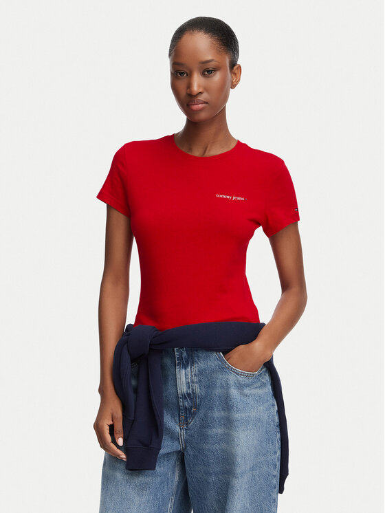 Tommy Jeans T-Shirt Ess Logo DW0DW23479 Czerwony ciemny Slim Fit