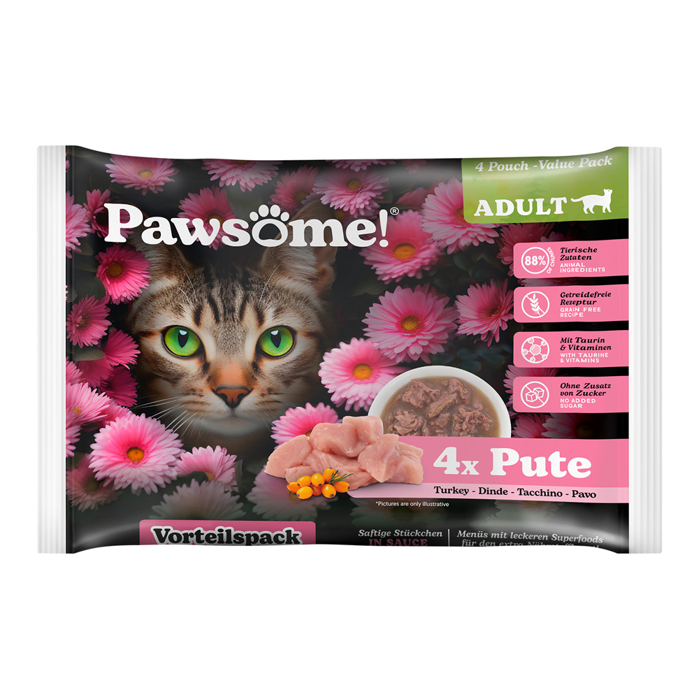 Pawsome Adult Cat, 4 x 85 g - Indyk