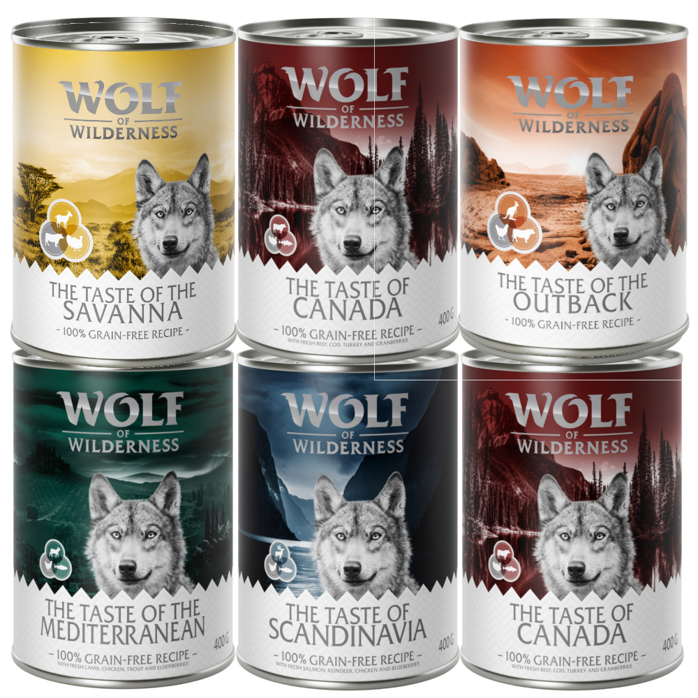 Mieszany pakiet próbny Wolf of Wilderness Adult - 6 x 400 g, puszki; The Taste Of Canada, Scandinavia, Mediterran, Outback, Savanna