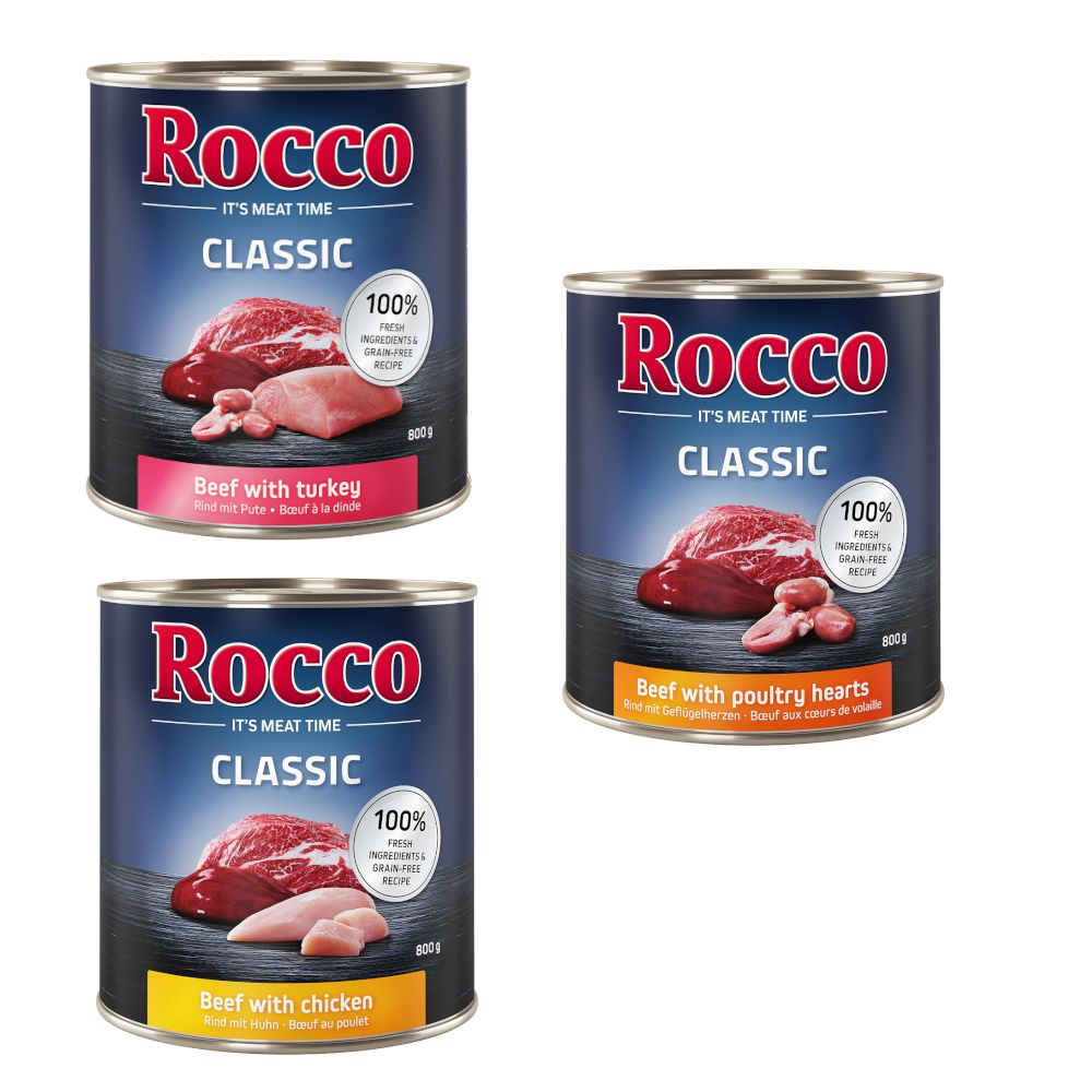 Korzystny pakiet Rocco Classic, 12 x 800 g - Mix drobiowy: wołowina/kurczak, wołowina/serca drobiowe, wołowina/indyk