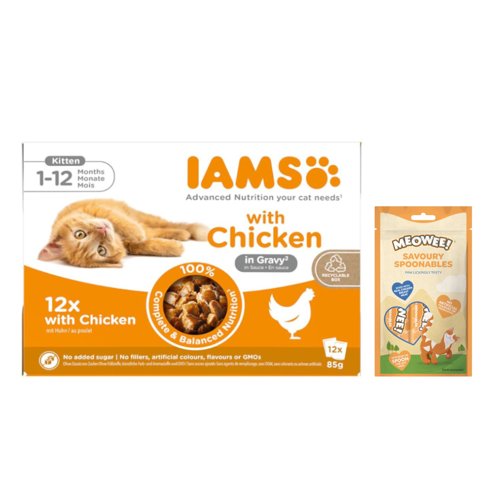 12 x 85 g IAMS Advanced Nutrition + Meowee! Savoury Spoonables, 8 x 14 g gratis! - Kitten, kurczak w sosie