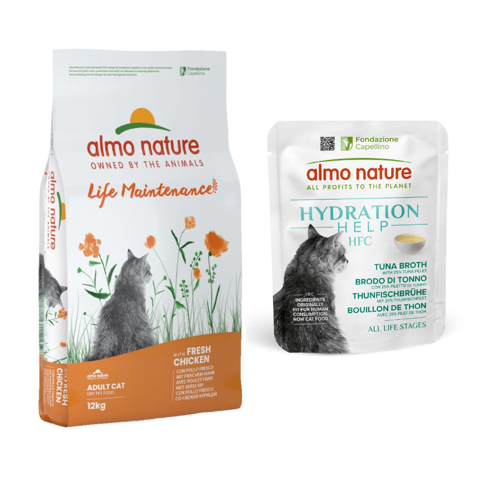 Almo Nature: 12 kg Functional + HFC Hydration Help, 12 x 50 g gratis! - Kurczak z ryżem + Bulion z tuńczyka z filetem z tuńczyka