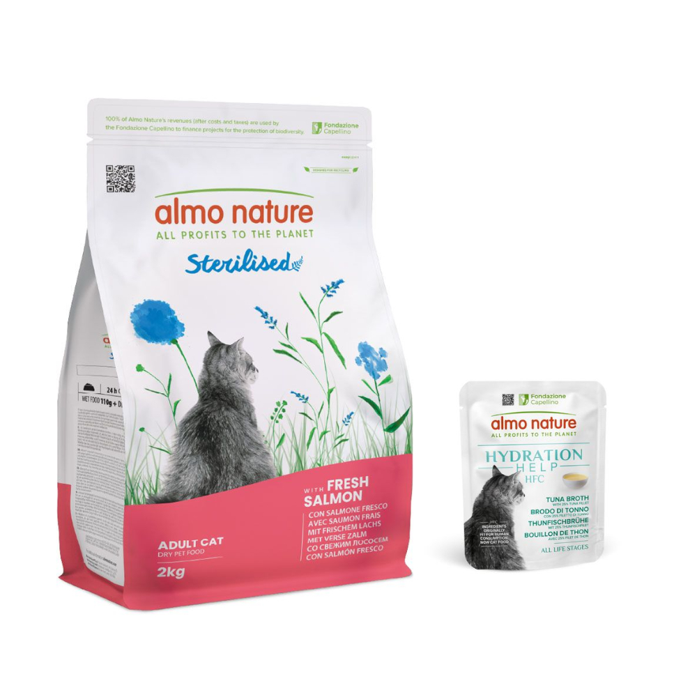 Almo Nature: Functional, karma sucha dla kota, 2 kg + HFC Hydration Help, 6 x 50 g gratis! - Sterilised, łosoś z ryżem, 2 kg + Bulion z tuńczyka z filetem z tuńczyka, 6 x 50 g