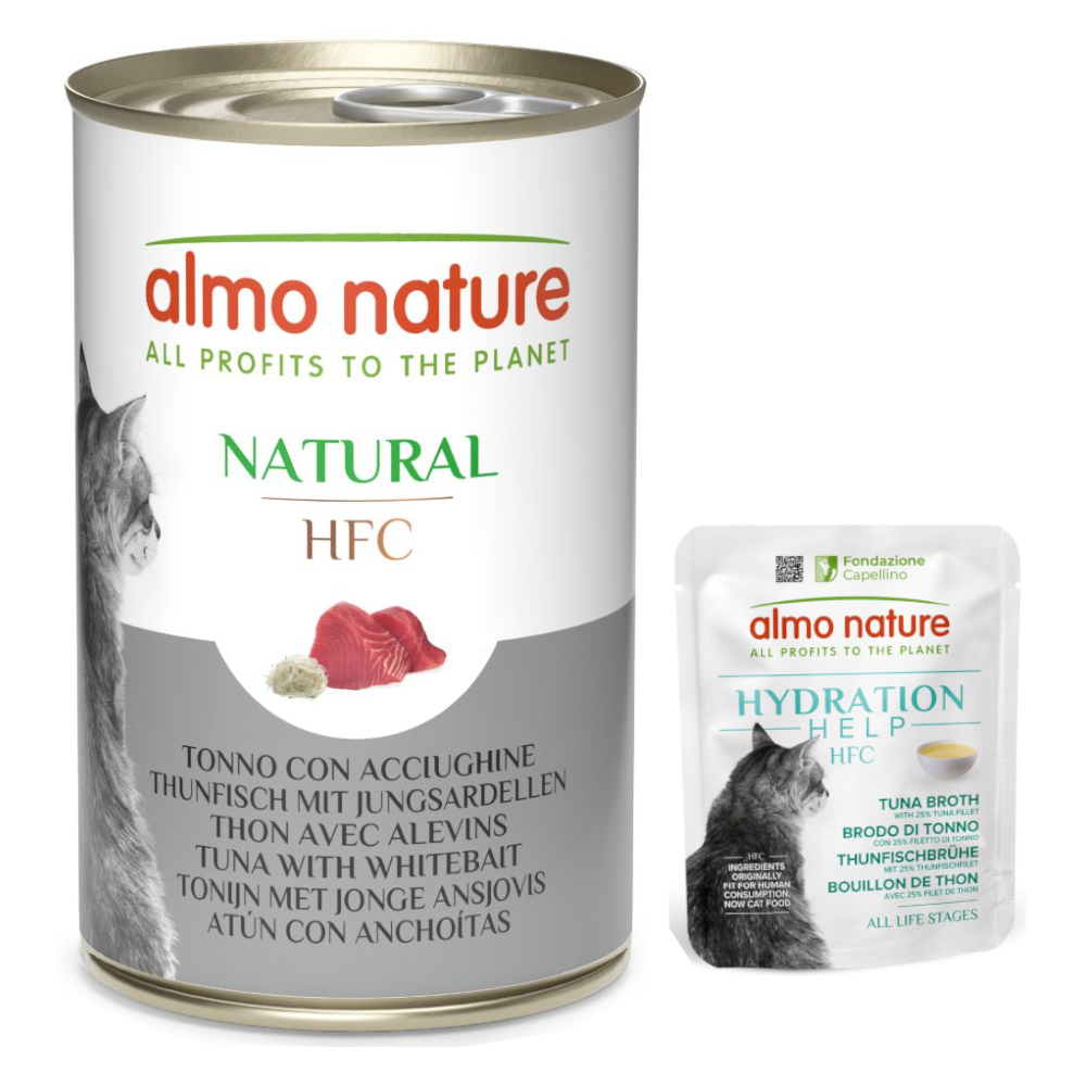 Almo Nature HFC, karma mokra dla kota: 12 x 140 g + Hydration Help, 6 x 50 g gratis! - Tuńczyk z młodymi sardynkami, 12 x 140 g + Bulion z tuńczyka z filetem z tuńczyka, 6 x 50 g