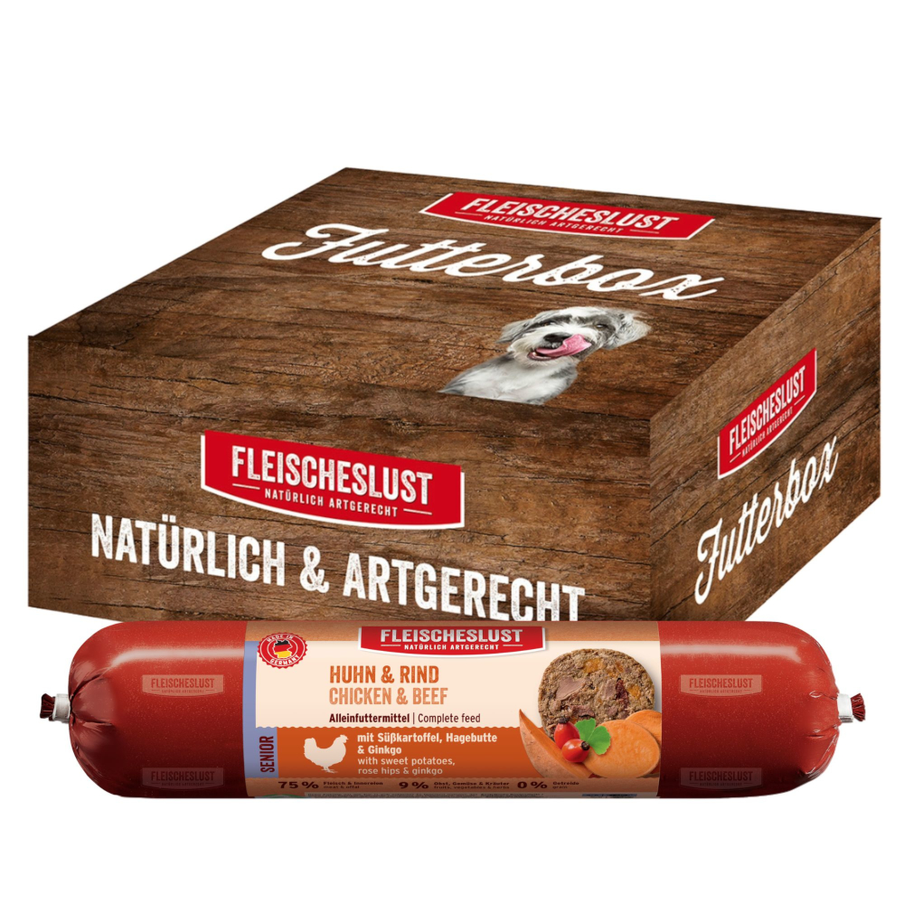 Fleischeslust Futterbox Senior Classic, 6 x 800 g - Kurczak i wołowina ze słodkimi ziemniakami i owocami dzikiej róży i miłorzębem japońskim