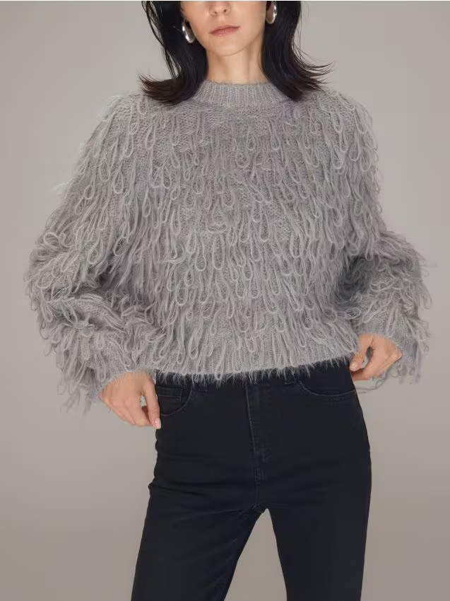 Reserved - Sweter z frędzlami - jasnoszary