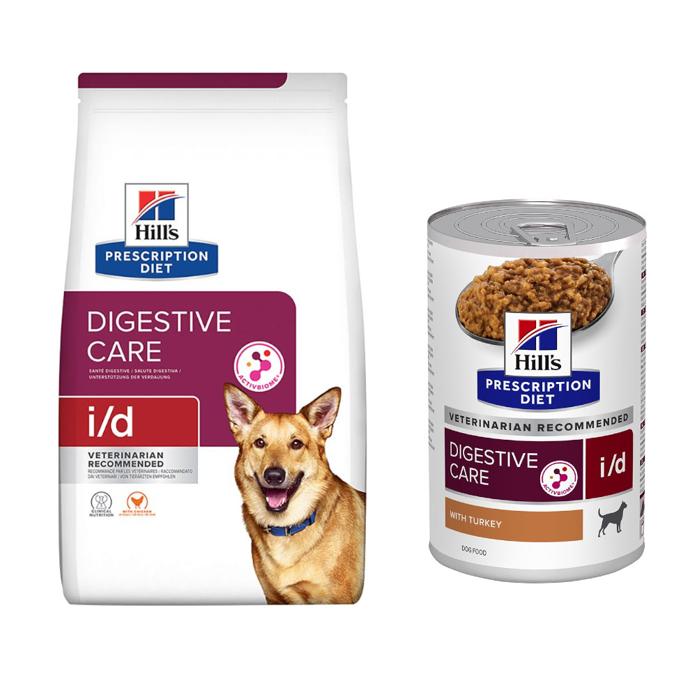 Hill's Prescription Diet: karma sucha, 12 kg + karma mokra, 3 x 360 g / 370 g gratis! - i/d Digestive Care, kurczak +  i/d Digestive Care, indyk, 3 x 360 g