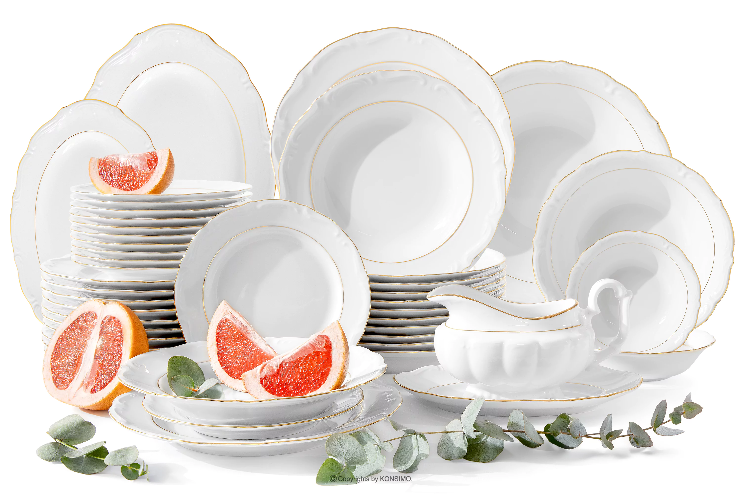 Klasyczny zestaw obiadowy z porcelany 12 os. (44 el.) biały/złota linia MARIA TERESA ZŁOTA LINIA