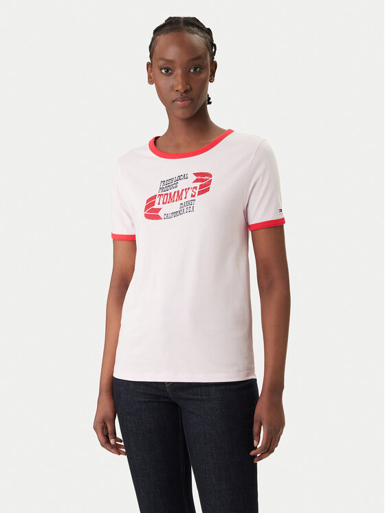 Tommy Jeans T-Shirt Wavy Flag Contrast Ringer DW0DW22306 Różowy Regular Fit