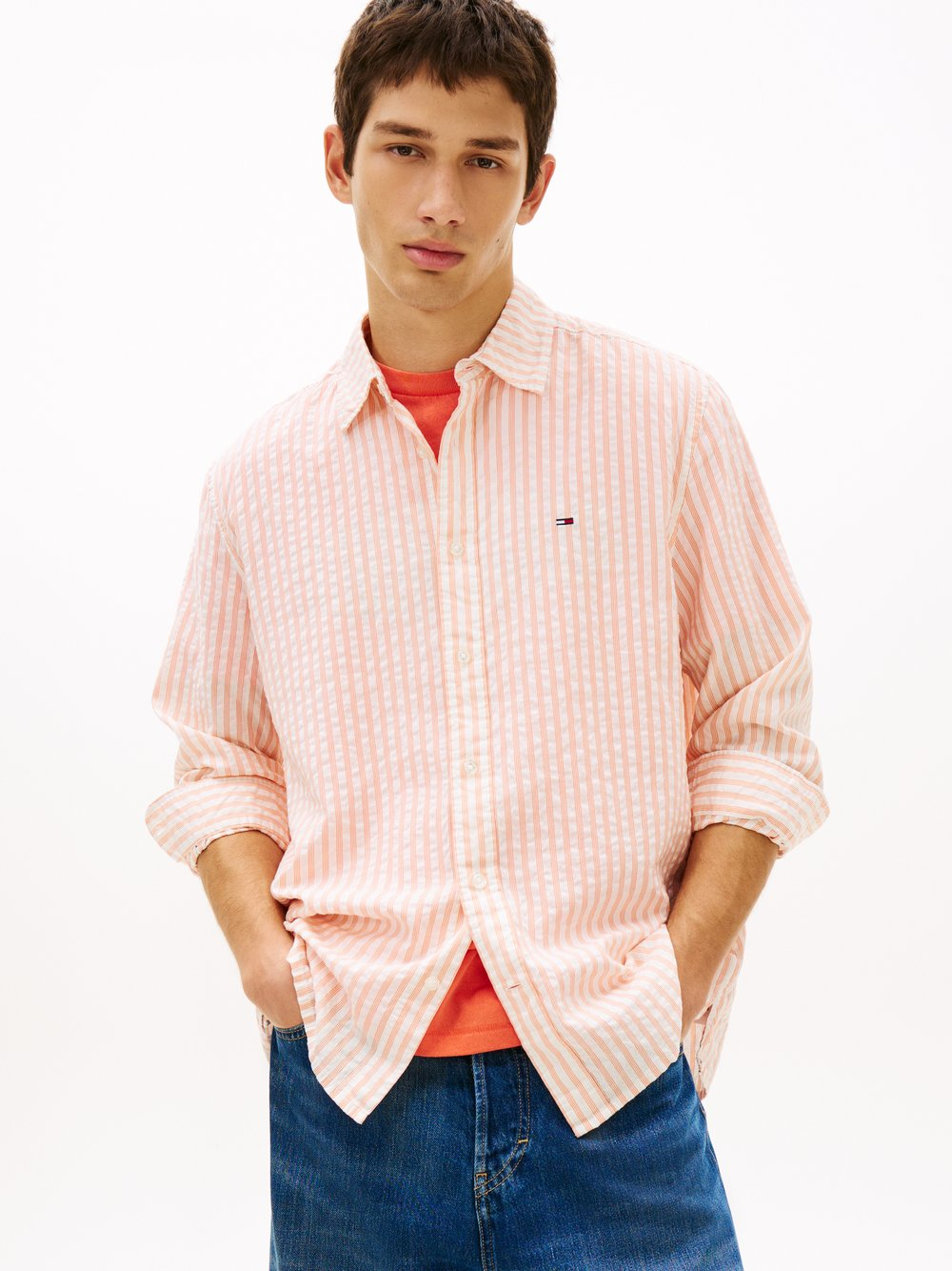 Tommy Jeans Męska koszula casual Mężczyźni Comfort Fit Bawełna pomarańczowy, S