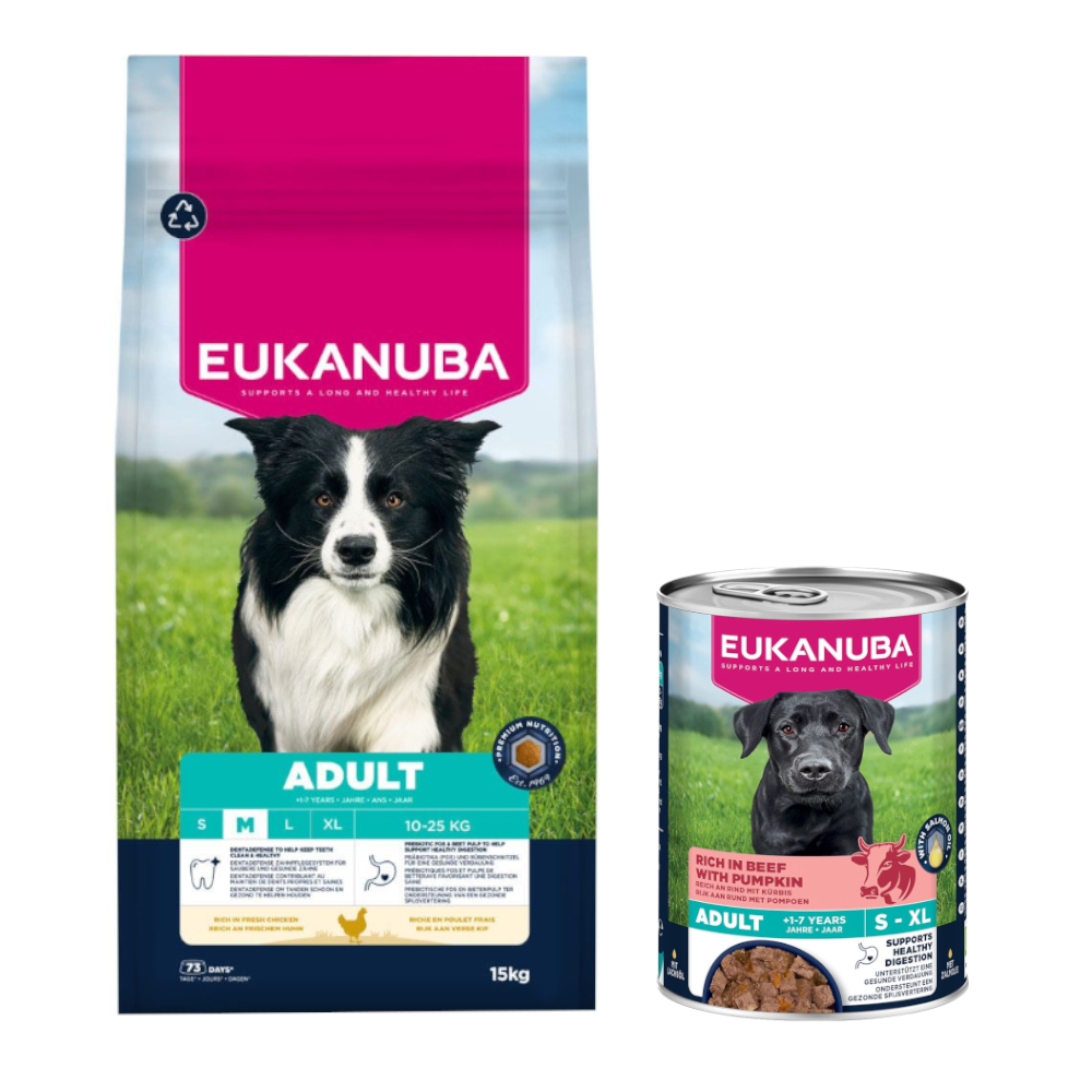 Eukanuba: Premium Nutrition, karma sucha, 12 kg/ 15 kg + wołowina z dynią, 3 x 400 g gratis! - Adult Medium Breed, kurczak, 15 kg + Adult, wołowina z dynią, 3 x 400 g