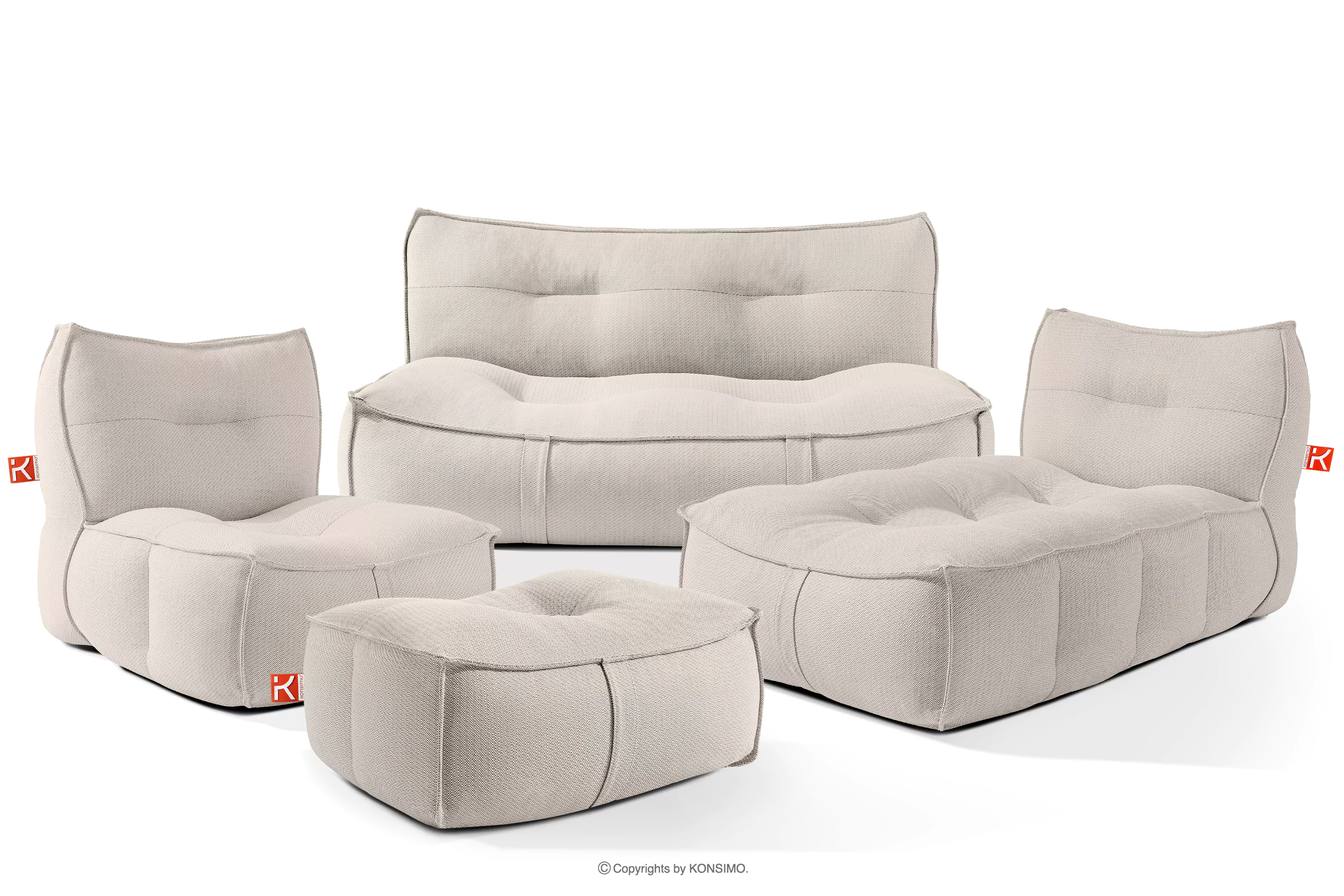 Zestaw mebli ogrodowych sofa fotel szezlong puf tkanina pleciona outdoorowa ciemny beżowy/biały LOVIA