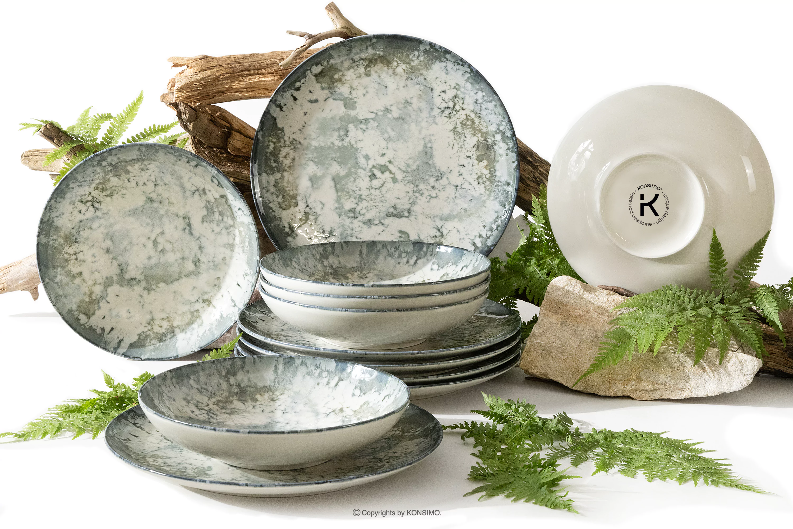 Zestaw obiadowy z porcelany zieleń boho 6os. (12 el.) FINGO