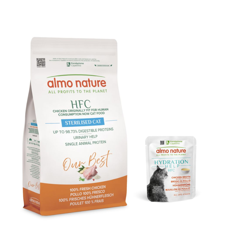 Almo Nature HFC: karma sucha, 1,2 kg + Hydration Help, 6 x 50 g gratis! - Adult Sterilized, kurczak + Bulion drobiowy z filetem z kurczaka