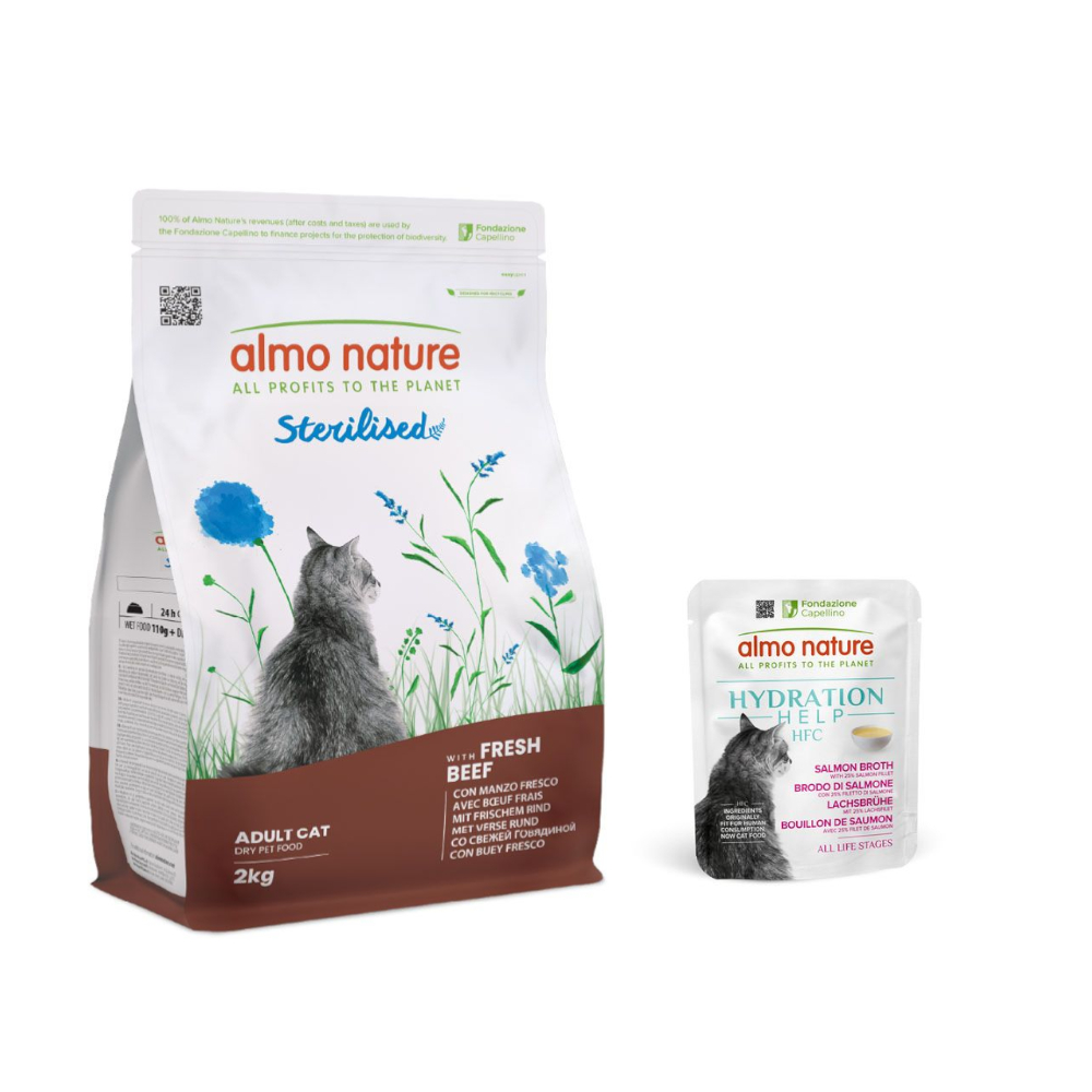 Almo Nature: Functional, karma sucha dla kota, 2 kg + HFC Hydration Help, 6 x 50 g gratis! - Sterilised wołowina z ryżem, 2 kg + Bulion z łososia z filetem z łososia, 6 x 50 g