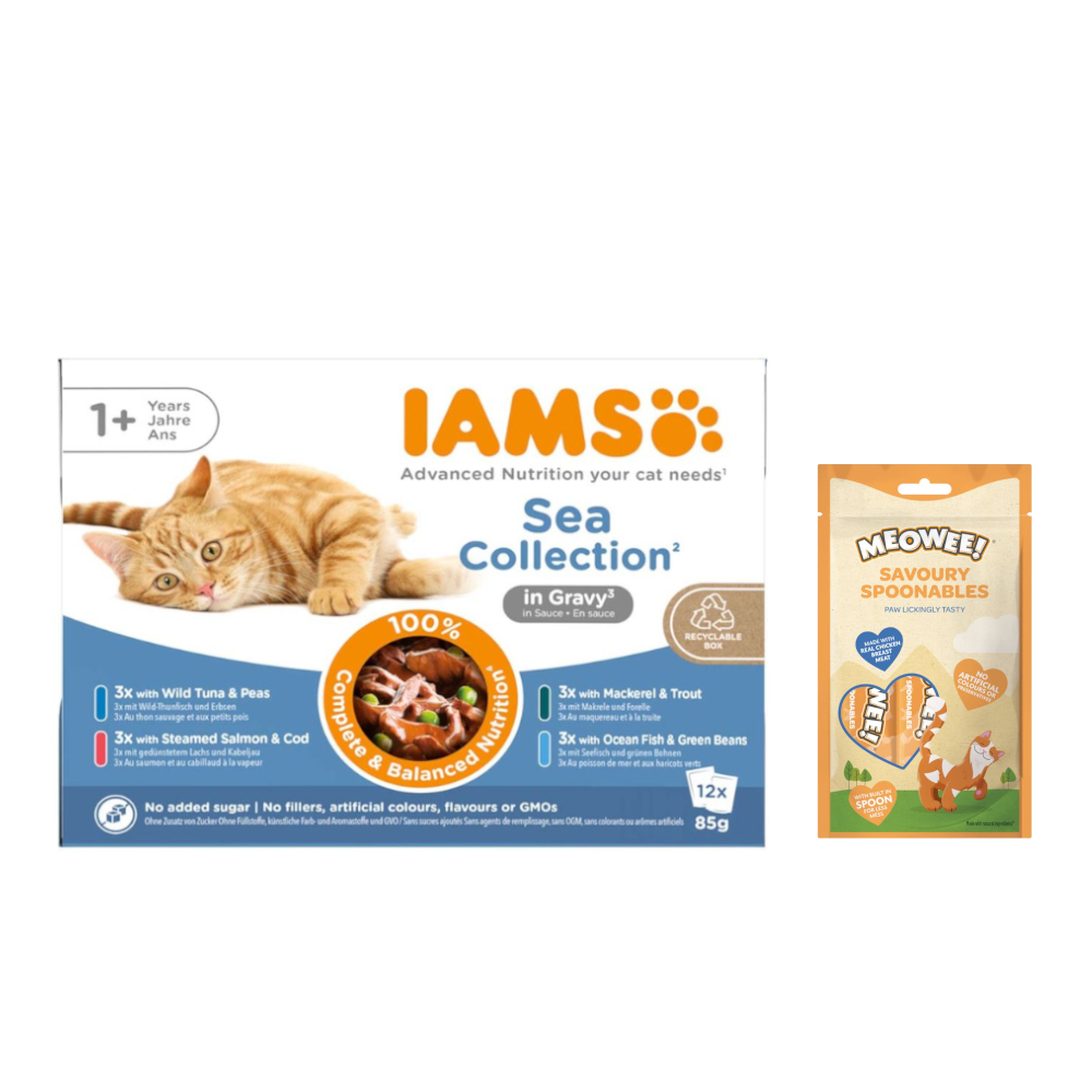 12 x 85 g IAMS Advanced Nutrition + Meowee! Savoury Spoonables, 8 x 14 g gratis! - Adult, rybne smaki, w sosie
