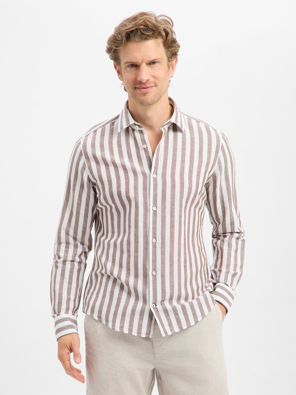 JOOP! Męska koszula casual z zawartością lnu - Pit1 Mężczyźni Slim Fit len brązowy, 44