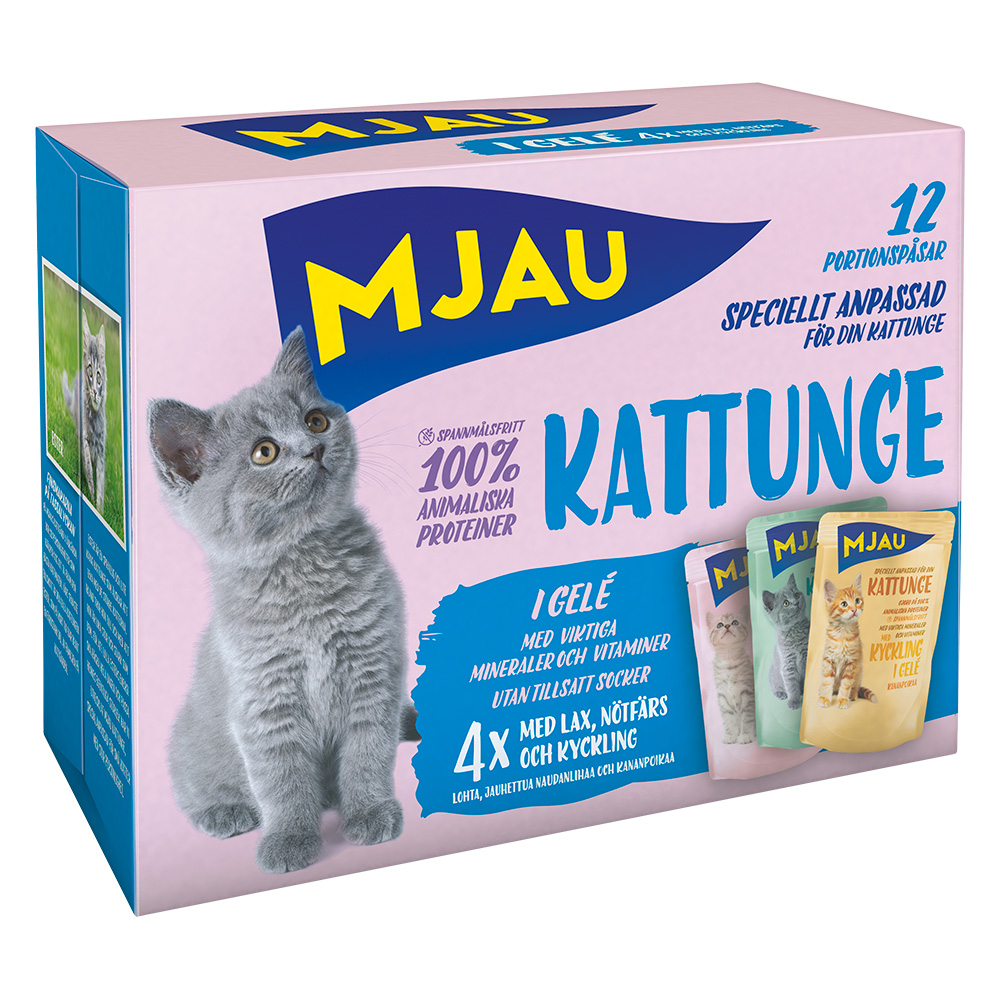 10% taniej! Mjau, karma mokra, 12 / 48 x 85 g - Kitten, Pakiet mieszany (3 smaki) w saszetkach, 12 x 85 g