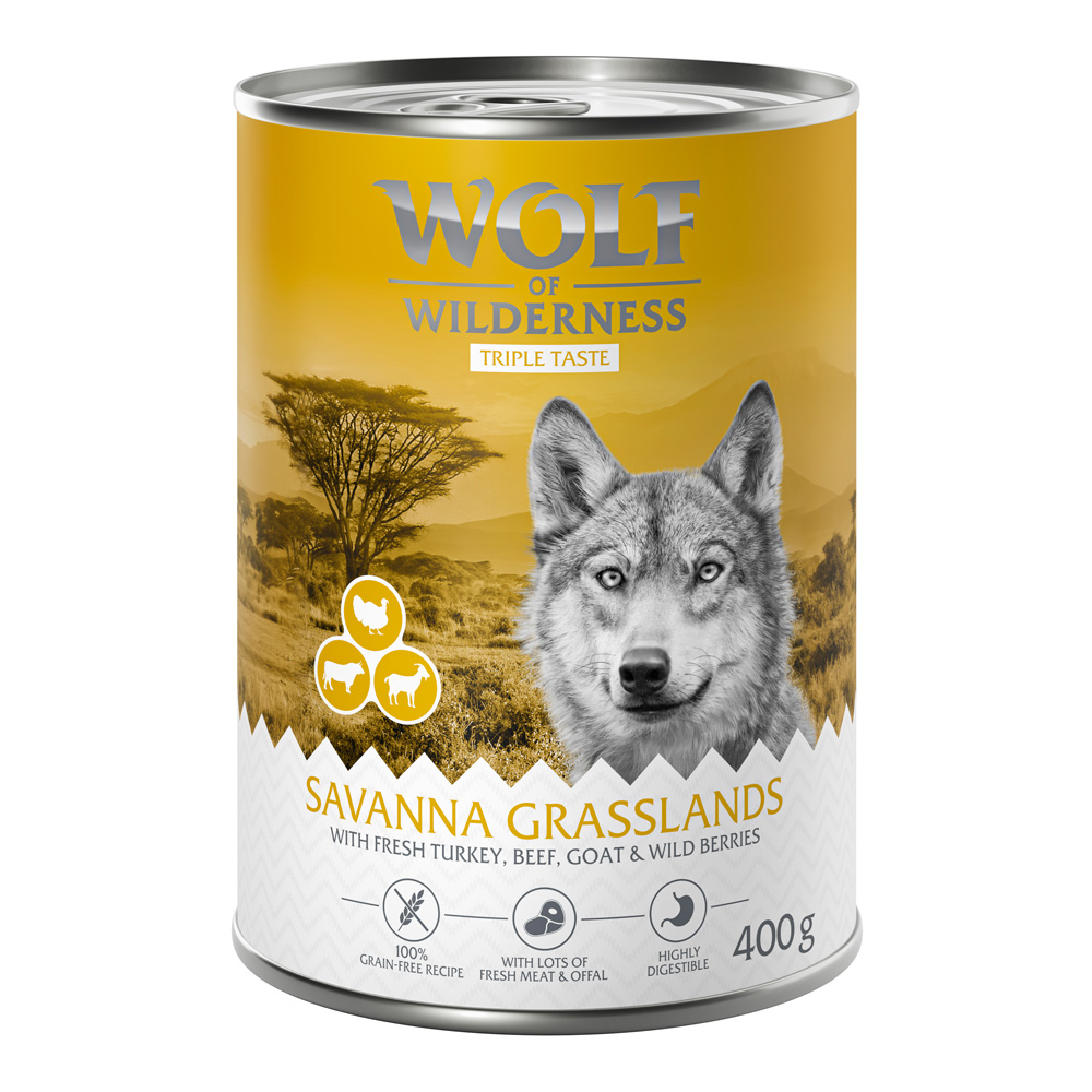 Korzystny pakiet Wolf of Wilderness „The Taste Of", 12 x 400 g - The Taste of Savanna – indyk, wołowina, kozina