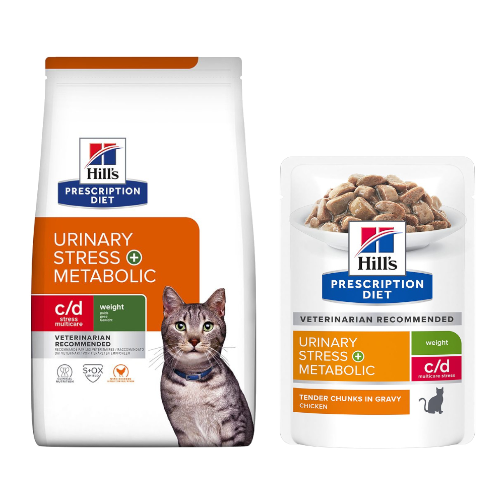 Hill's Prescription Diet Feline: karma sucha dla kota, 8 kg + karma mokra, 12 x 85 g gratis! -c/d Urinary Stress + Metabolic, 8 kg + c/d Multicare Stress + Metabolic, kurczak, 12 x 85 g