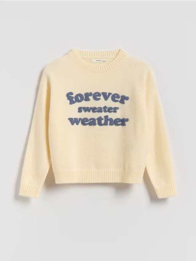 Reserved - Sweter z napisem - złamana biel